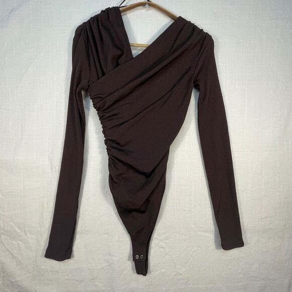 Goldsign Fonteyn Brown One Shoulder Ruched Ribbed Stretch Bodysuit Size Small - Picture 1 of 7